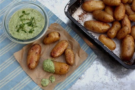 Roasted new potatoes with a mint and watercress dip recipe
