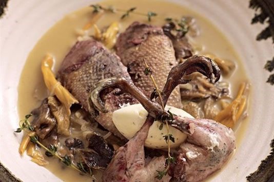 Pot roast teal with buttered chanterelles recipe