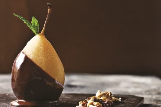 Rosemary-poached pears with chocolate ganache recipe