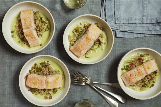 Monica Galetti's steamed salmon with pearl barley recipe
