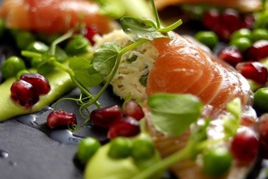 Salad of citrus-cured salmon with English peas recipe