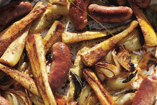 Sausage, parsnip and onion roast recipe