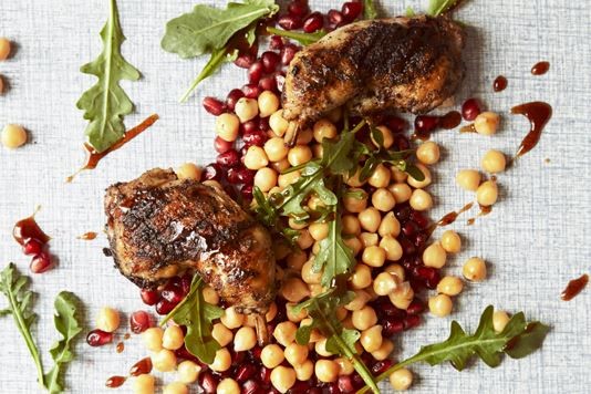 Grilled poussin, sumac, rocket, chicpeas, pomegranate savage salads recipe