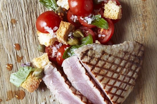 Seared tuna fillet, cherry tomatoes, capers, red onion, basil croutons panzanella recipe