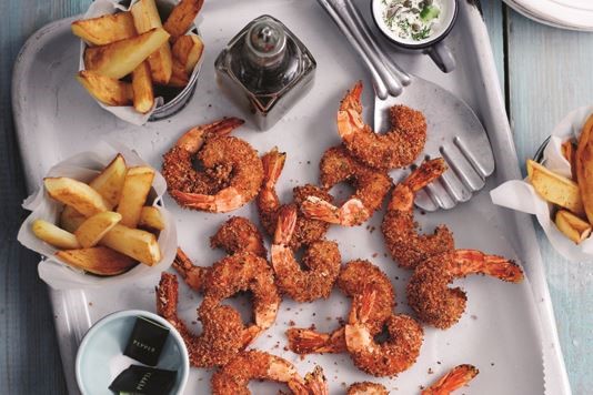 Low fat king prawn scampi, chips and tartare sauce recipe