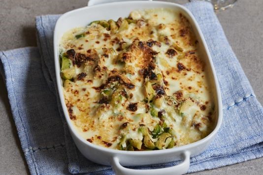 Sprout, leek and hazelnut gratin with mature cheddar recipe