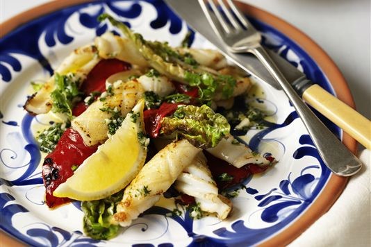 Pan fried squid, baby gem and piquillo peppers recipe