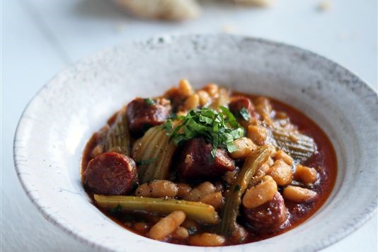 Winter stew of celery, chorizo and cannellini beans recipe