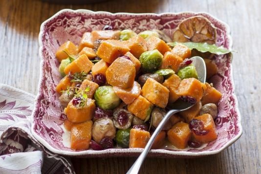 Glazed sweet potatoes, sprouts, chestnuts and cranberries recipe