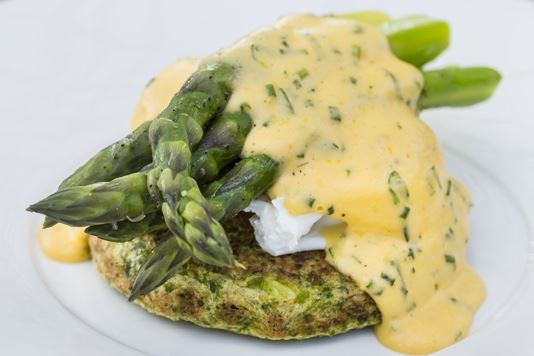 Organic asparagus with pea pancakes, herb sabayon and poached eggs recipe