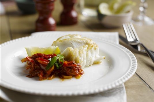 Roasted cod with pepperonata and basil recipe