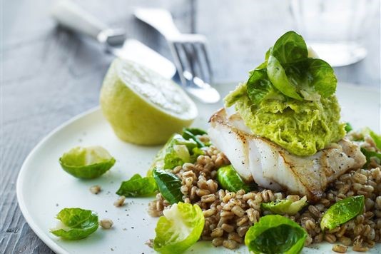 Cod and pearled spelt with Brussels sprouts recipe