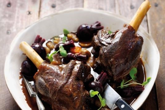 Venison shanks with baby beets and chestnuts recipe