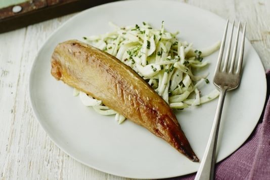 Warm smoked mackerel with Bramley and winter coleslaw recipe