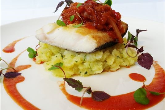 Whitby smoked haddock with confit peppers recipe